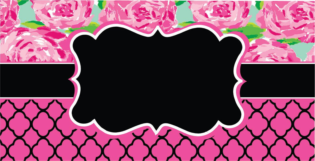 License plate- 47 Lilly with Pink/ Black Quatrefoil