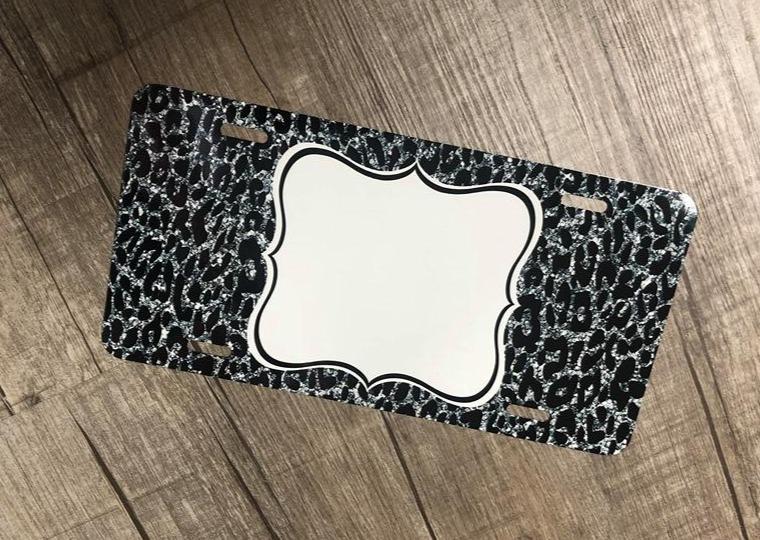 License plate-  Black/ Silver Glitter Leopard