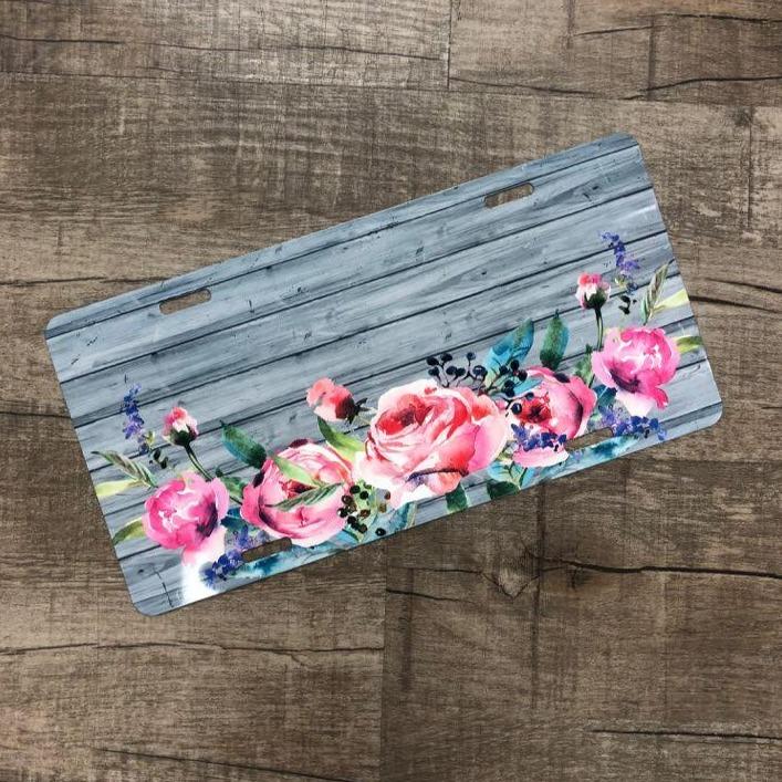 Wood/ Flower License Plate