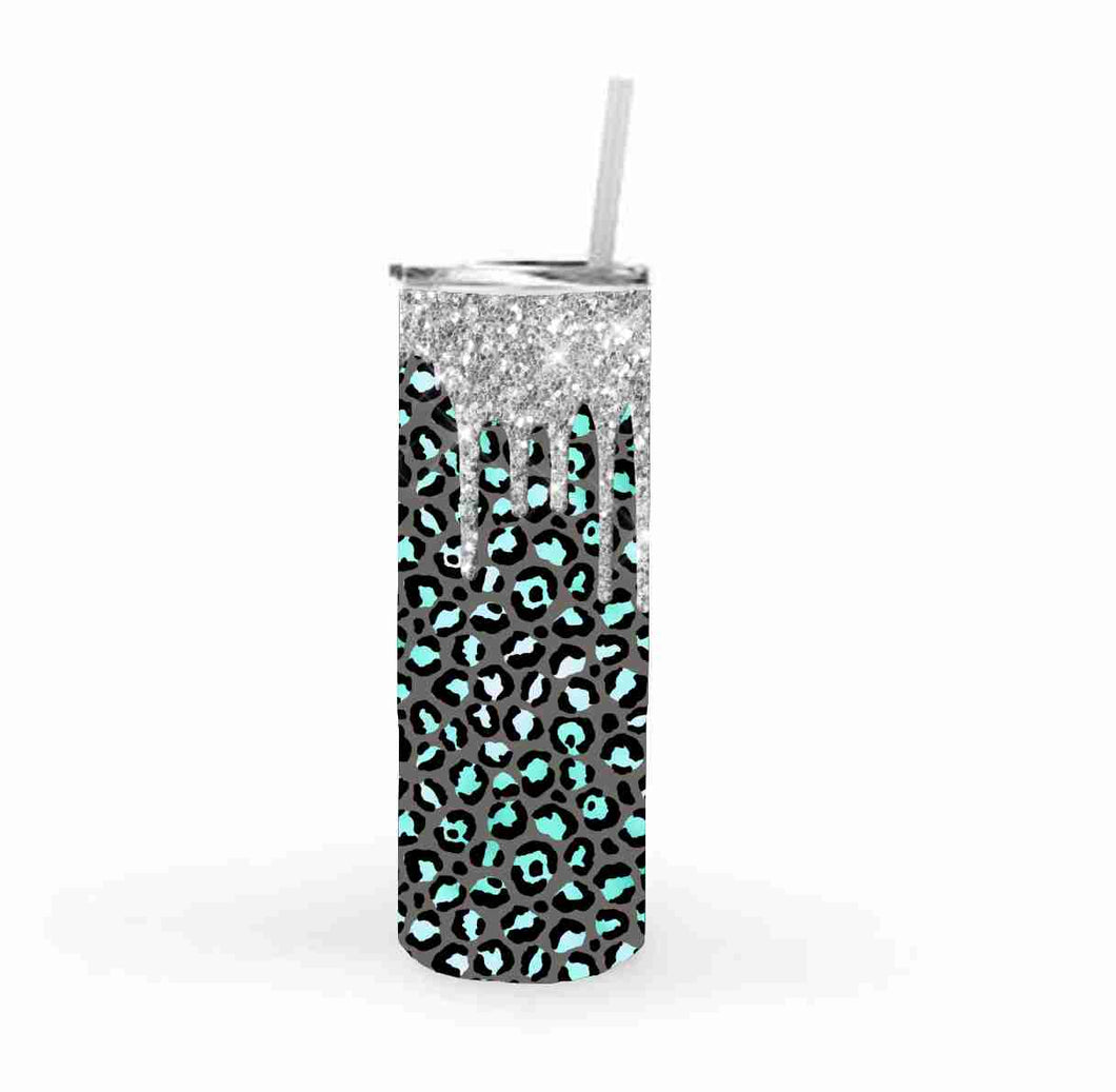 Grey Mint Leopard with Silver Glitter Tumbler