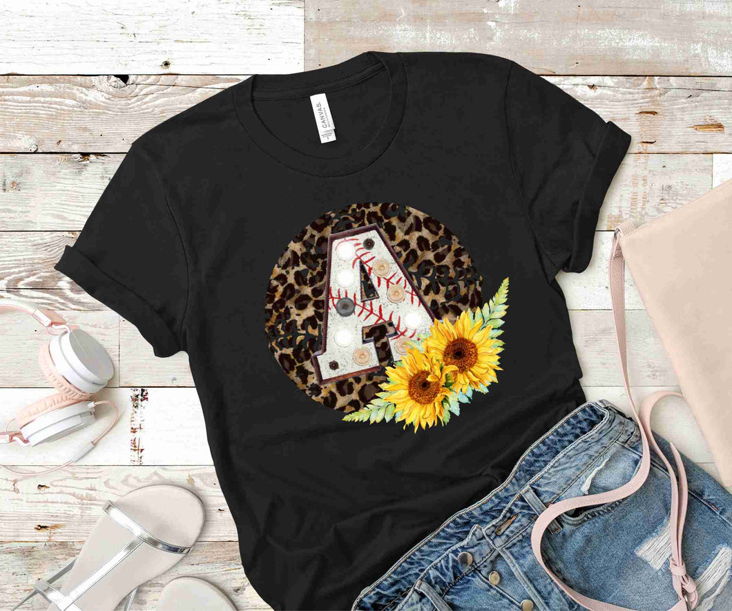 Leopard sunflower baseball letter - Graphic Tee