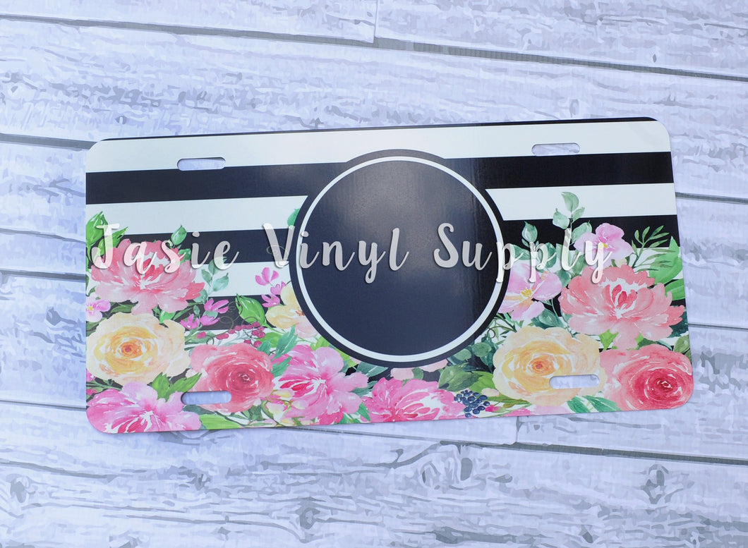 License Plate-Striped Water Color Floral Black Circle
